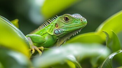 Obraz premium Green iguana captured in a close-up shot showing its texture.