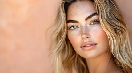 piękna kobieta, blondynka, profesjonalne zdjęcie, subtelne oświetlenie, fotografia beauty, makijaż naturalny, luksusowa estetyka, profesjonalny portret, europejska uroda, luksusowe tło, twarz kobiety,