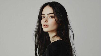Naklejka premium kobieta, portret, profesjonalna fotografia, styl minimalistyczny, długie ciemne włosy, luksusowy wygląd, reklama mody, piękna skóra, promienna cera, stylizacja na szarości, subtelny makijaż, fotografi