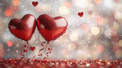 Obraz premium Two heart-shaped red balloons with sparkling surface and festive background bokeh.