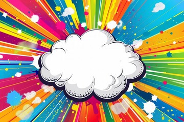 White speech bubble with colorful comic style explosion background in blue, green, yellow, orange, and pink tones. Pop art template with copy space for advertising and promotional design. Generative 