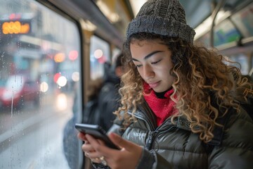 Obraz premium A young woman with curly hair and a warm coat is focused on her smartphone while traveling on public transit. Raindrops are visible on the window beside her, hinting at the weather outside