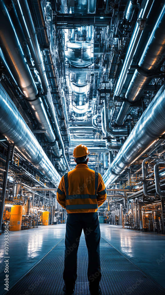 Poster industrial engineer wearing safety vest and helmet inspecting a complex network of pipelines inside 