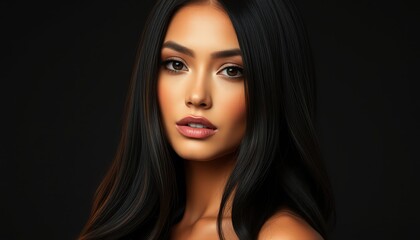 Fototapeta premium Stunning Portrait of a Beautiful Woman with Long Black Hair Against a Dark Background