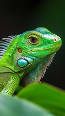 Obraz premium Close-up of vibrant green iguana showing sharp, vibrant features.