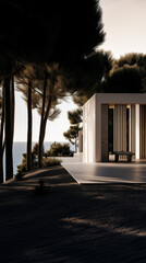 Hyper-realistic view of a modern Mediterranean villa by the sea, with white slabs, Charlotte stone walls, glass facades, and warm lighting in a pine forest setting. Perfect for refined architecture