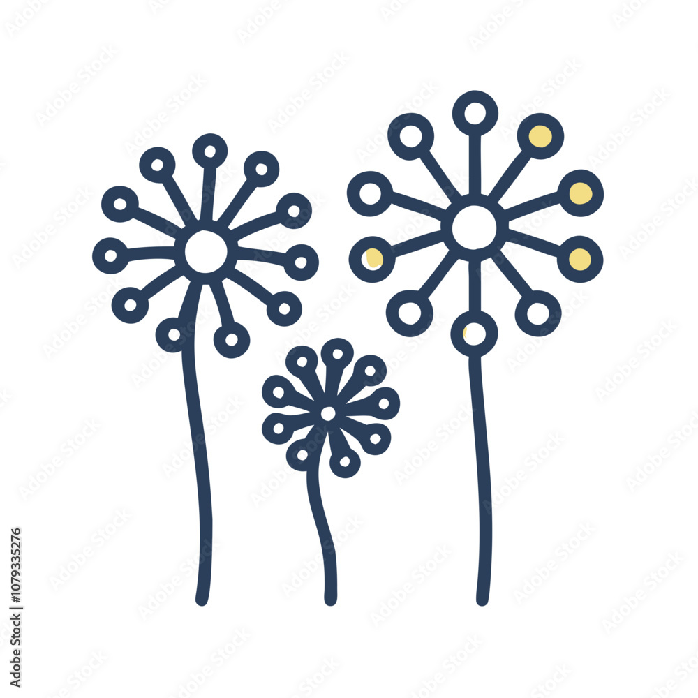 Poster vector icon of stylized flowers with circular petals and long stems, showcasing a simple and modern 