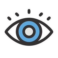 Vector icon of an eye featuring a central blue circle, representing vision, attention, and observation in graphic design