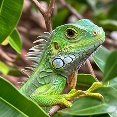 Obraz premium Small green iguana perched on a branch in bright sunlight.