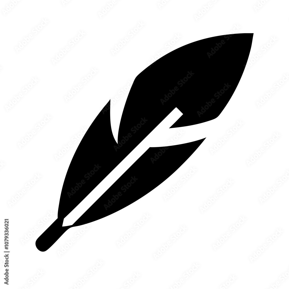 Poster a simple black vector icon of a feather designed with clean lines and modern aesthetics, suitable fo