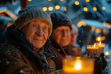 Two elderly friends share warm drinks at a cozy winter market, surrounded by twinkling lights and snowflakes falling softly, creating a festive atmosphere during the evening