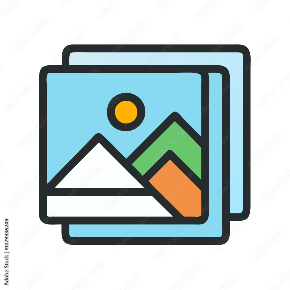 Poster a colorful vector icon representing a gallery, featuring geometric shapes of mountains and a sun aga