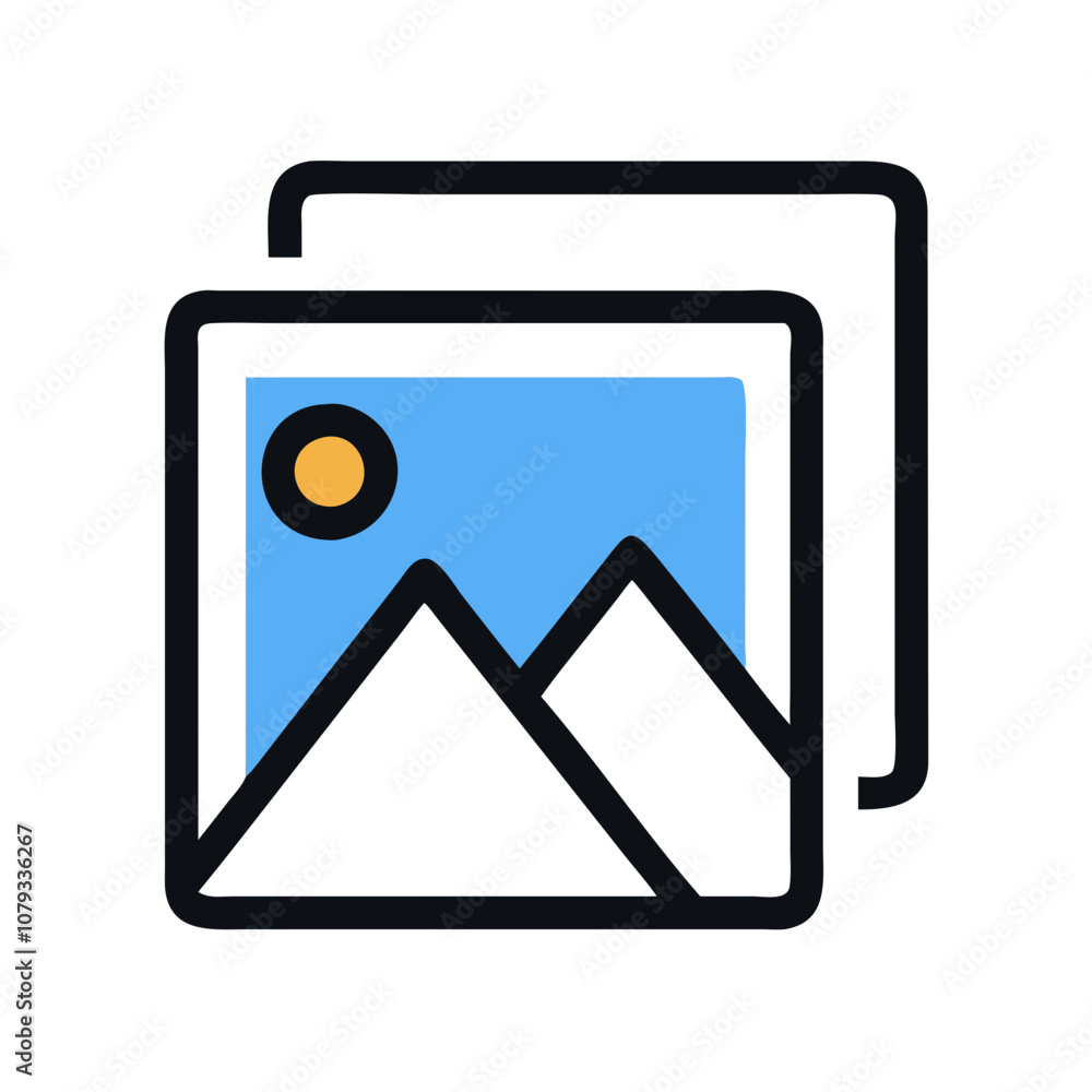 Poster a clean vector icon representing a gallery with two overlapping picture frames, featuring a mountain