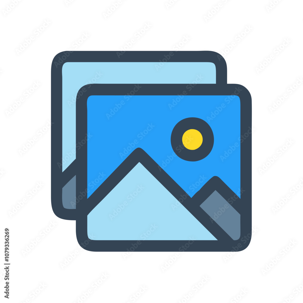 Poster vector icon representing a gallery featuring two overlapping images of mountains and a sun, symboliz