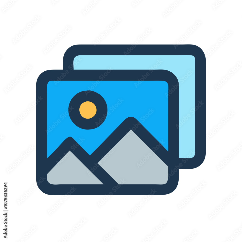 Poster simple vector icon representing a gallery with overlapping frames showcasing mountains and a sun, id