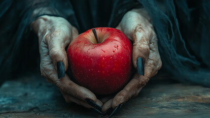A mysterious figure in dark attire holding a glistening red apple in an eerie, atmospheric setting during twilight