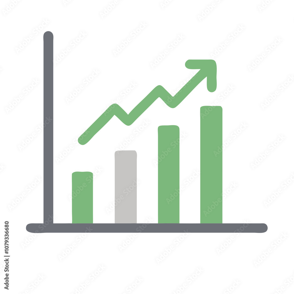 Poster vector icon of a growth chart illustrating an upward trend with green bars and a line against a gray