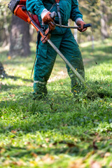A gardener using a string trimmer to maintain a lush green lawn in a serene outdoor setting during...