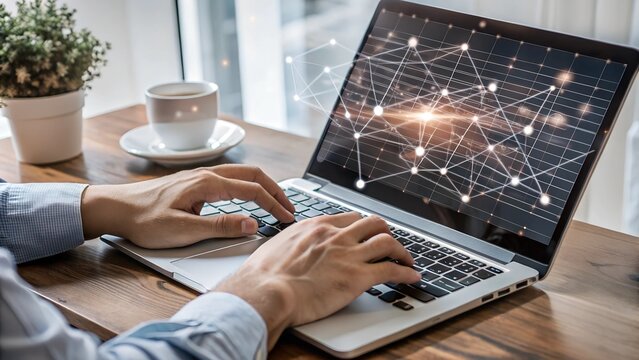 Hands typing code on a laptop with a data flow overlay effect, representing machine learning processes - Powered by Adobe