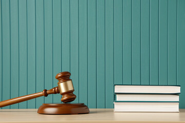 Gavel and Books on Wooden Desk - perfect for legal themes law offices or justice concepts