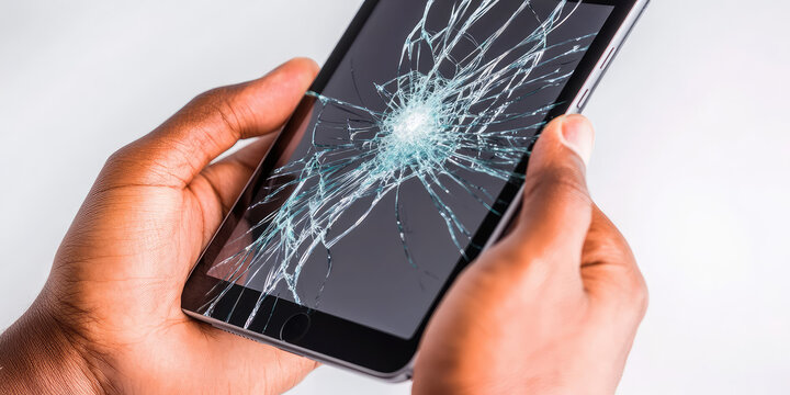 Close-up of hands holding a tablet with a shattered broken screen. Electronics and gadgets repair service