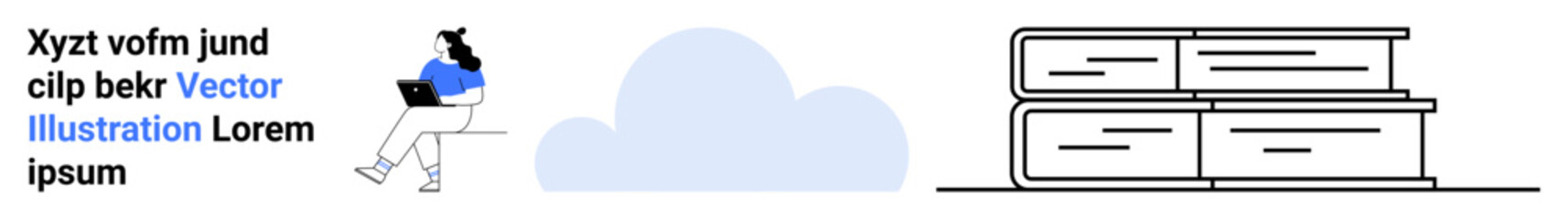 Woman using laptop, text, cloud, stacked books. Ideal for online education, digital learning, remote work, cloud computing, e-books, minimal design, knowledge sharing. Landing page