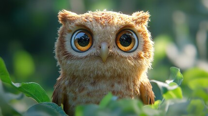 A cute cartoon owl with big eyes looking directly at the camera.