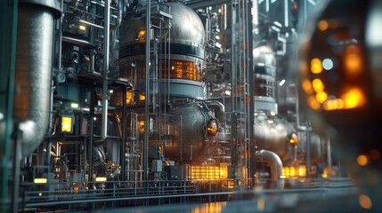 Industrial facility with large metallic structures and glowing elements.