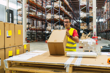 Warehouse worker preparing cardboard box for shipping