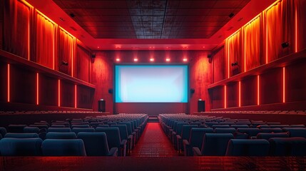 Empty cinema auditorium with a large screen and rows of blue seats.