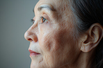 Obraz premium Close-up of a thoughtful elderly woman with gray hair indoors