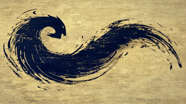 A black ink dragon design swirls across a textured beige background