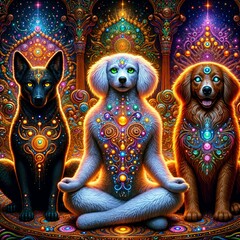 Fototapeta premium Three mystical dogs are depicted in a psychedelic scene, each adorned with intricate, glowing patterns. Their serene expressions and colorful backgrounds evoke a sense of spirituality, (Gen, A.I.)