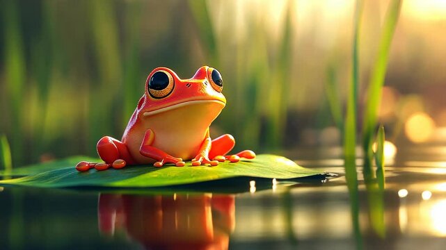 A red frog sits on a green lily pad in a pond
