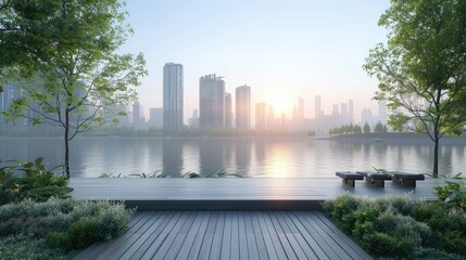 Empty wooden platform overlooking a cityscape with a river in the foreground and a hazy sunrise in the background.