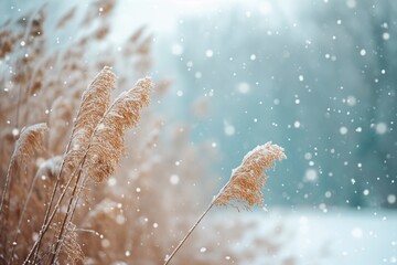 Snow-covered grasses in winter landscape under blue sky during snowfall