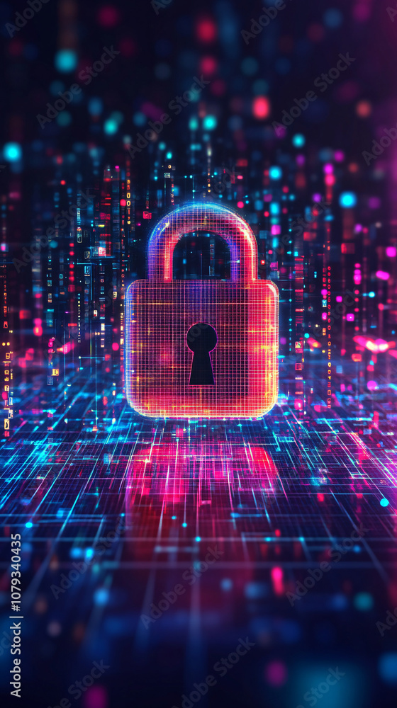 Poster digital security concept with glowing padlock symbolizing data protection in cyberspace, featuring b