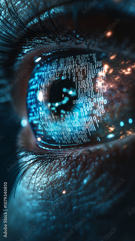 Leinwandbilder Close-up of an eye with a reflection of binary code and digital data, symbolizing future vision, technology, and communication