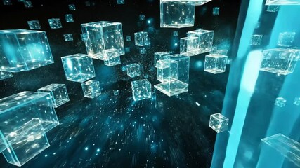 Digital data blocks and abstract futuristic cubes floating in a virtual, technological environment. - Powered by Adobe