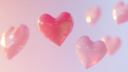 Obraz premium Colorful floating hearts against a soft gradient background in pastel hues