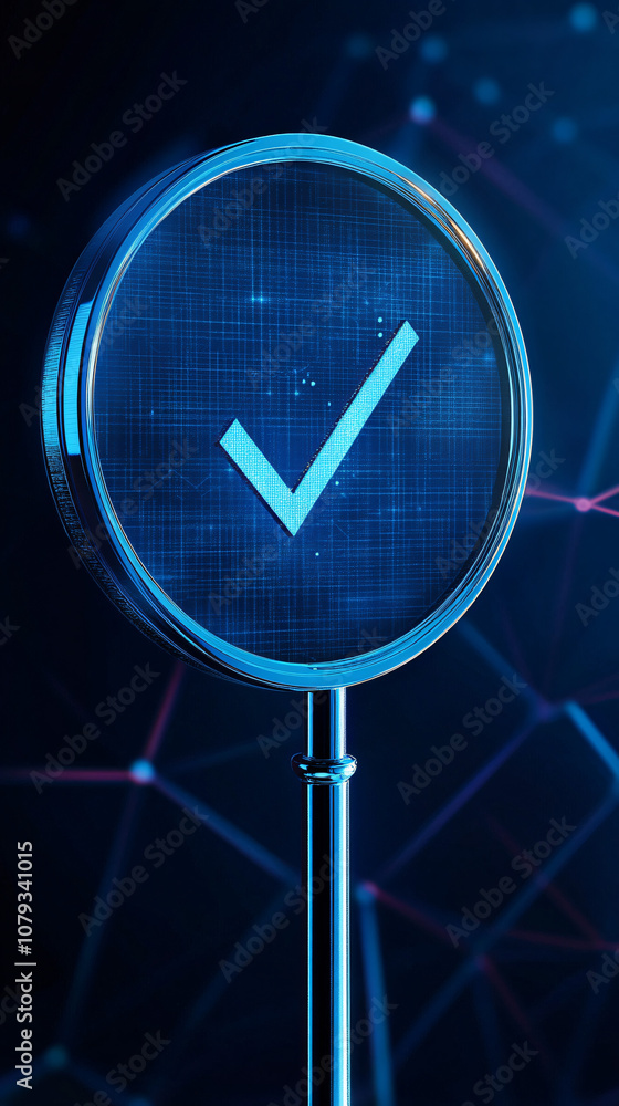 Fototapete Futuristic digital magnifying glass with check mark symbol symbolizing approval, validation, and success in a virtual world