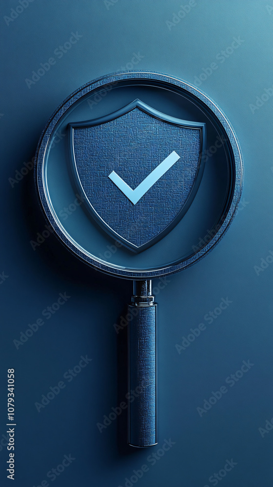 Poster image of a shield with a security checkmark inside a magnifying glass, representing a thorough secur
