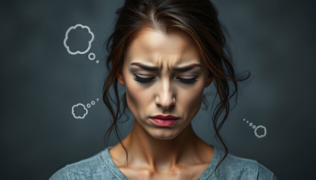 Female suffering from low self esteem, anxiety, anger issues, inner critical voices and negativity from insecure thoughts isolated with white highlights, png