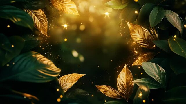 Video animation Green leaves create a circle shape illuminated by golden light with falling particles. Copy space, free space for text.