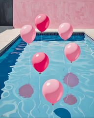 Pool Birthday Party Banner. Helium pink Balloons And Swimming Pool  Colored Concept Layout Illustration