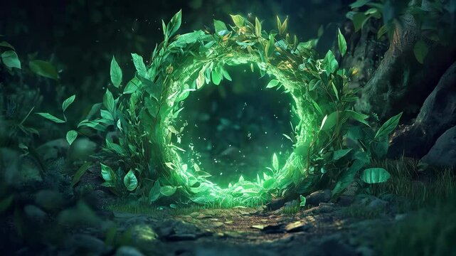 Video animation Portal in the shape of a circle of leafy greenery glowing with a bright green light. Copy space, free space for text.