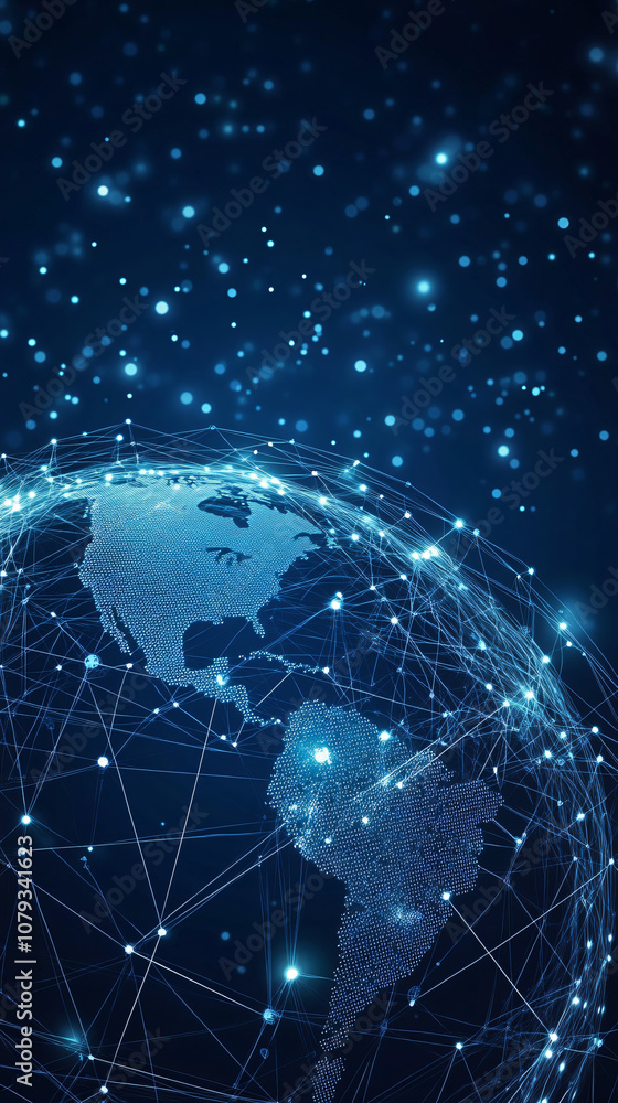 Poster Interactive digital world map displaying data connections and cyber transfers in the americas