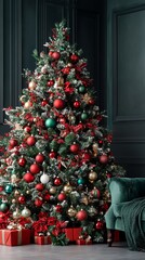 Decorated Christmas tree with red, green, and gold ornaments on a dark background, vertical