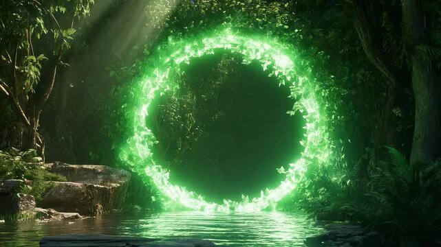 Video animation Portal in the shape of a circle of leafy greenery glowing bright green and illuminated by sunlight that is reflected in a body of water. Copy space, free space for text.