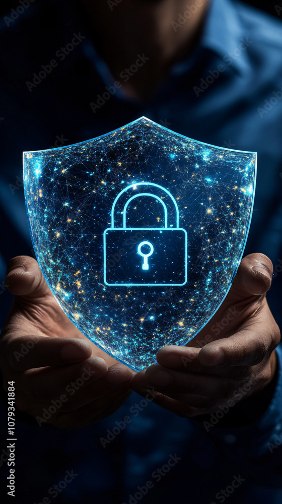 Poster businessman showcasing holographic shield with lock symbolizing data security and cybersecurity